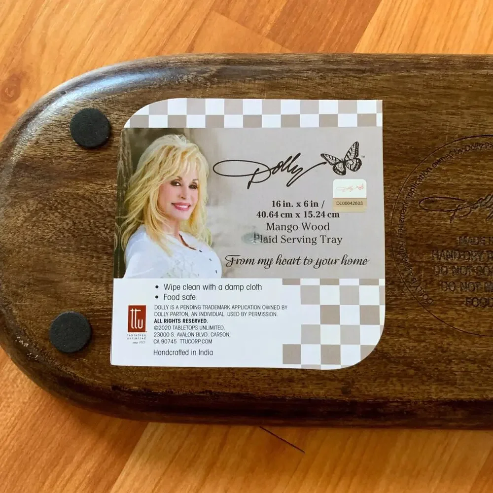 Dolly Parton Mango Wood Plaid Oblong Serving Tray Farmhouse Decor (16